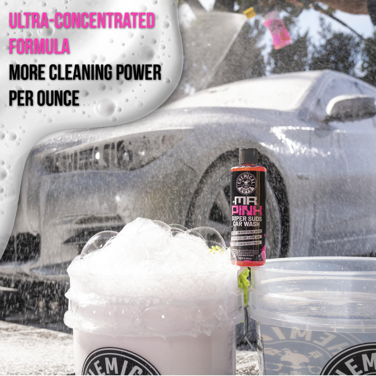 Chemical Guys two-bucket wash setup demonstrating swirl-minimizing routine