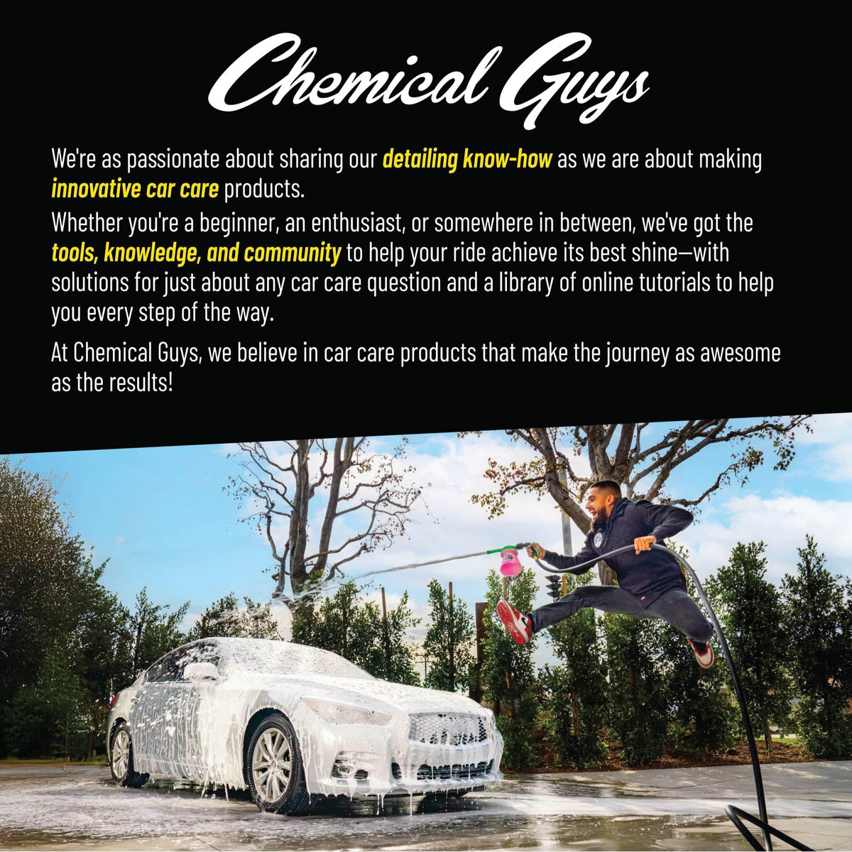 Chemical Guys bottle beside an RV on highway showing road-trip cleaning solution
