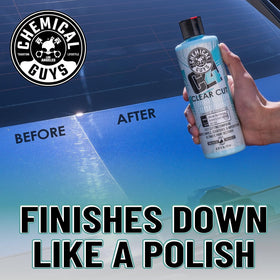 Chemical Guys C4 before and after on door panel illustrating restored gloss