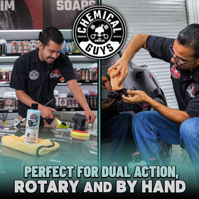 Chemical Guys C4 applied with polisher in hand for efficient defect removal