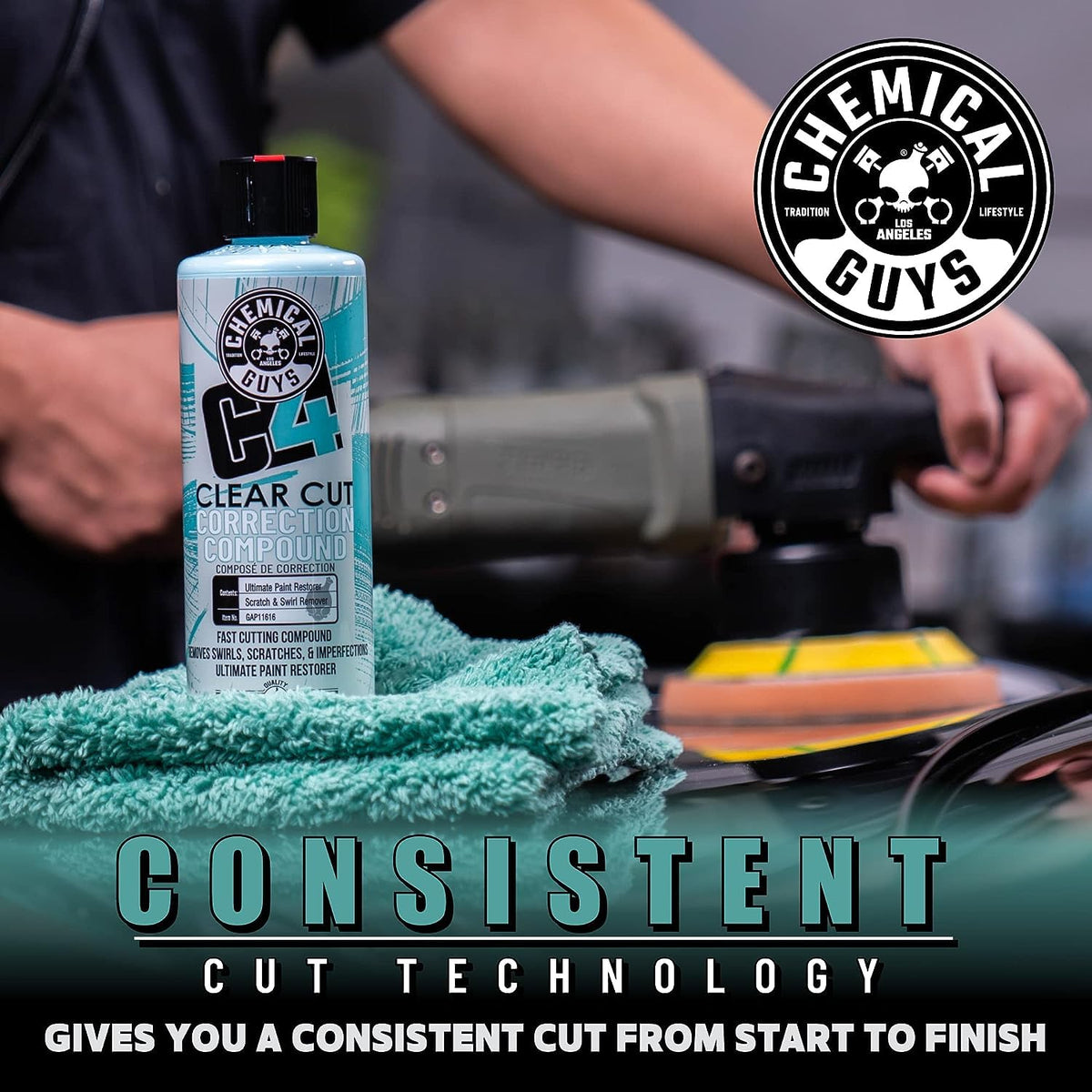 Chemical Guys C4 in a detailing bay lifestyle shot showing professional results