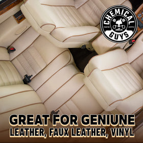 Chemical Guys used on car seat before and after cleaning showing restored look