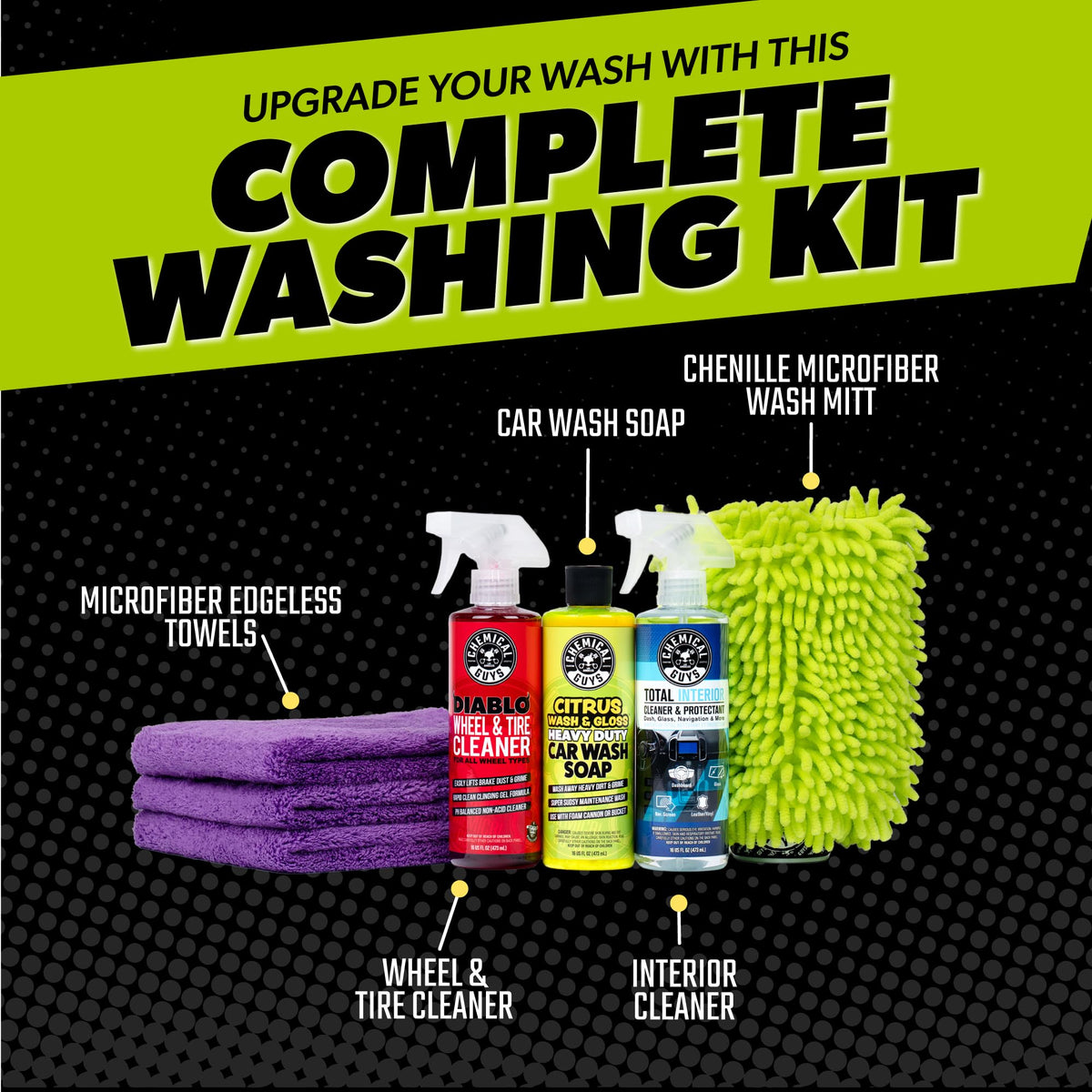 Chemical Guys Citrus Wash bottle close-up highlighting foam-ready formula benefit