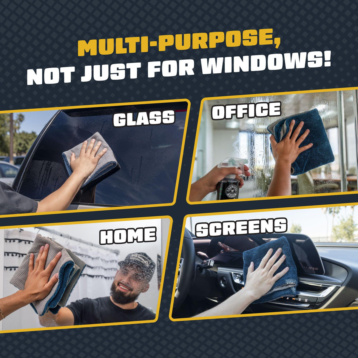 Chemical Guys towel wiping car windshield delivering streak-free visibility benefit