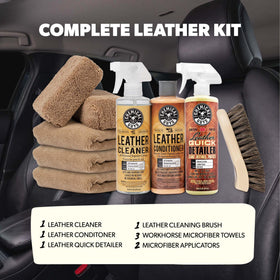 Chemical Guys leather cleaner bottle label close-up highlighting pH-balanced formula and safe cleaning