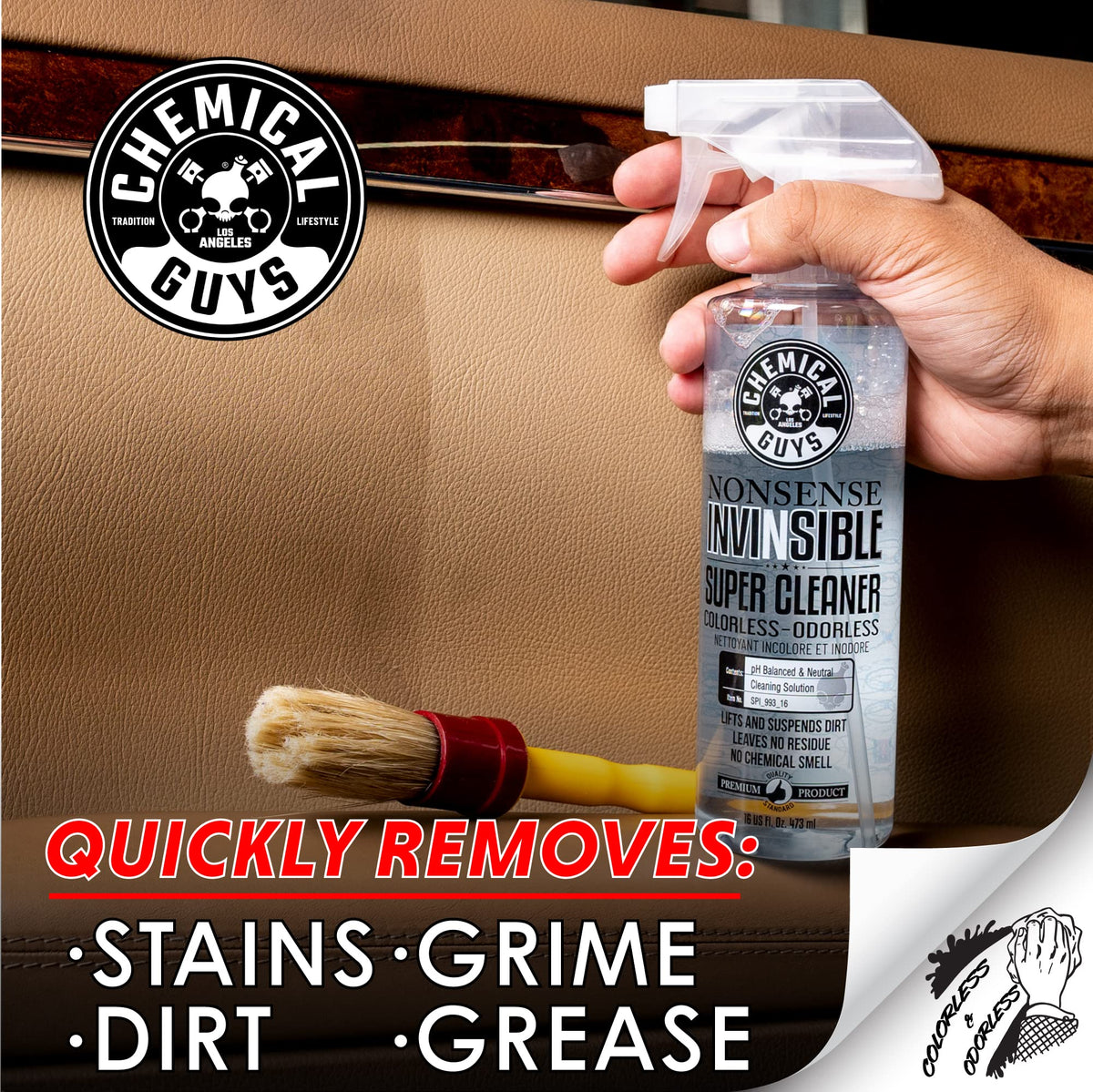 Chemical Guys cleaner staged in garage lifestyle showing versatile multi-use benefit