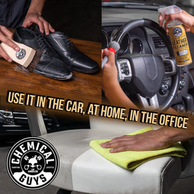 Chemical Guys cleaner in use on car seat removing dirt visibly