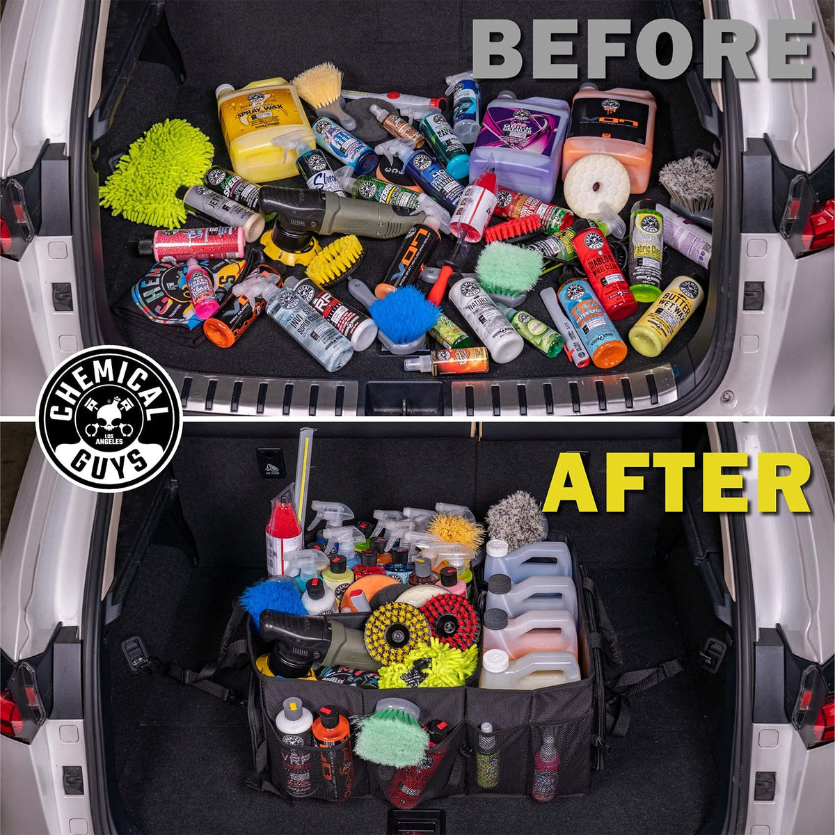 Chemical Guys organizer collapsed flat for compact, under-seat storage
