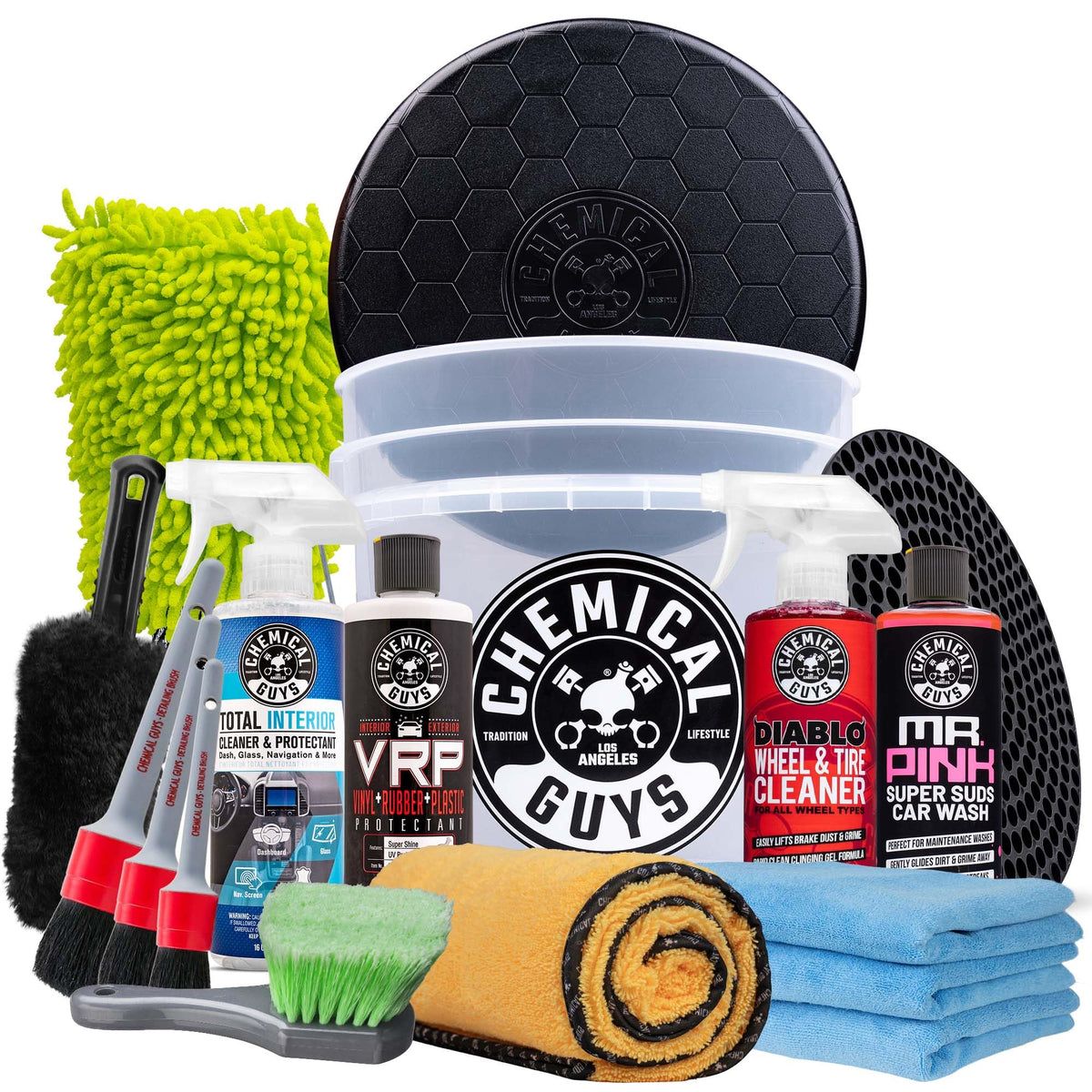 Chemical Guys kit packaging showing full 17-piece set and included items benefits organization