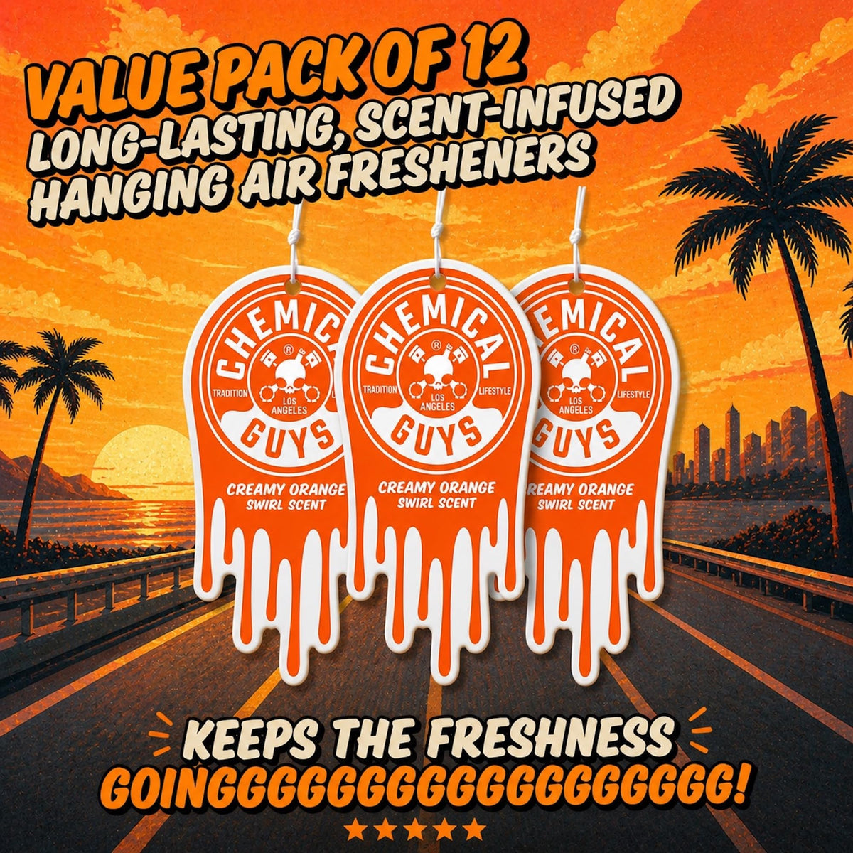 Chemical Guys hanging freshener in car rearview, adding cheerful cabin fragrance