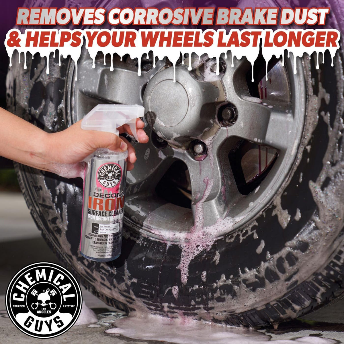 Chemical Guys Decon Pro being sprayed on alloy wheel, cleans brake dust effectively