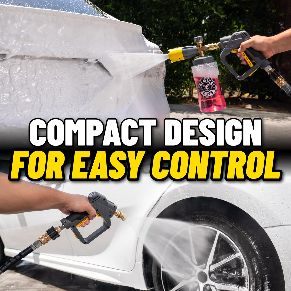 Chemical Guys snubby on driveway washing car showing efficient residential detailing benefit
