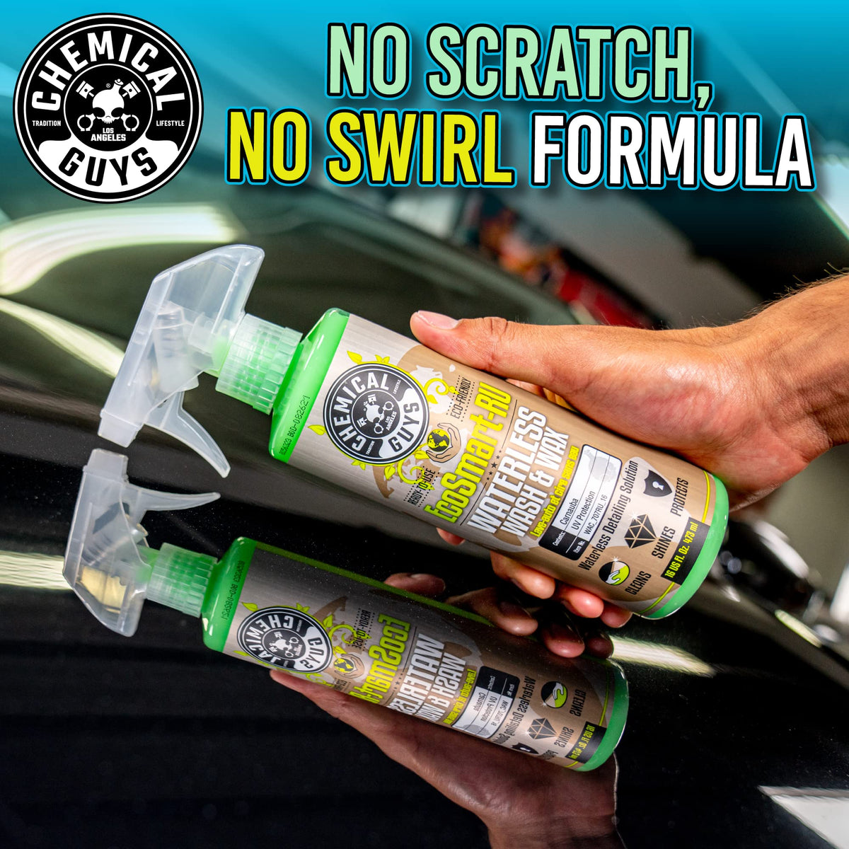 Chemical Guys EcoSmart before and after vehicle panel showing improved gloss