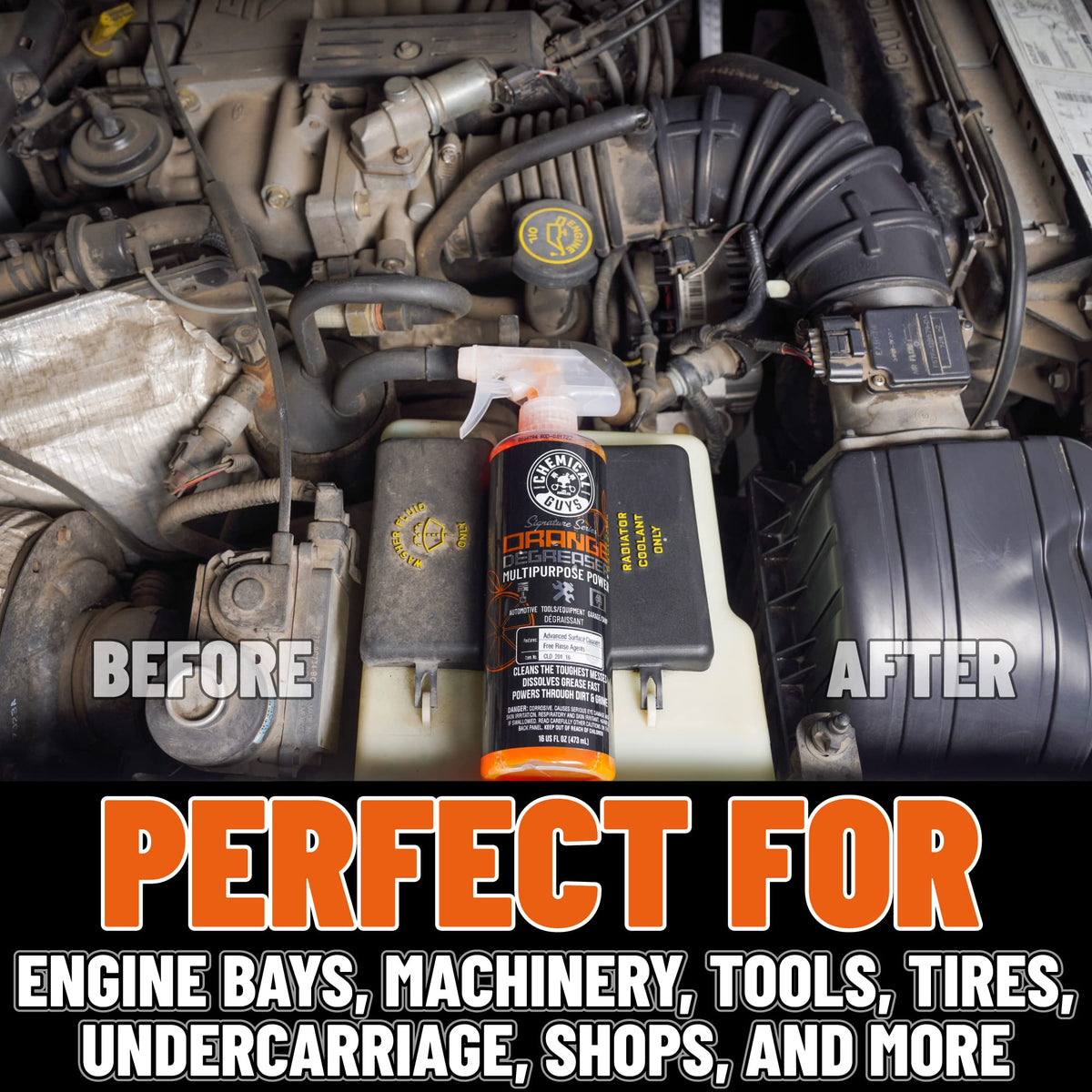 Chemical Guys used on engine bay removing grime for easier maintenance