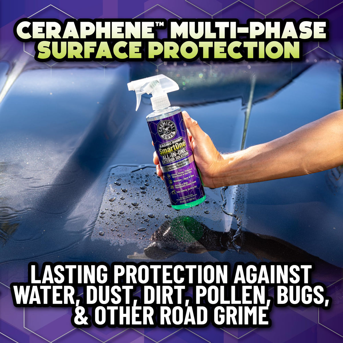 Chemical Guys Raging Rhino sprayed on car hood demonstrating easy waterless use