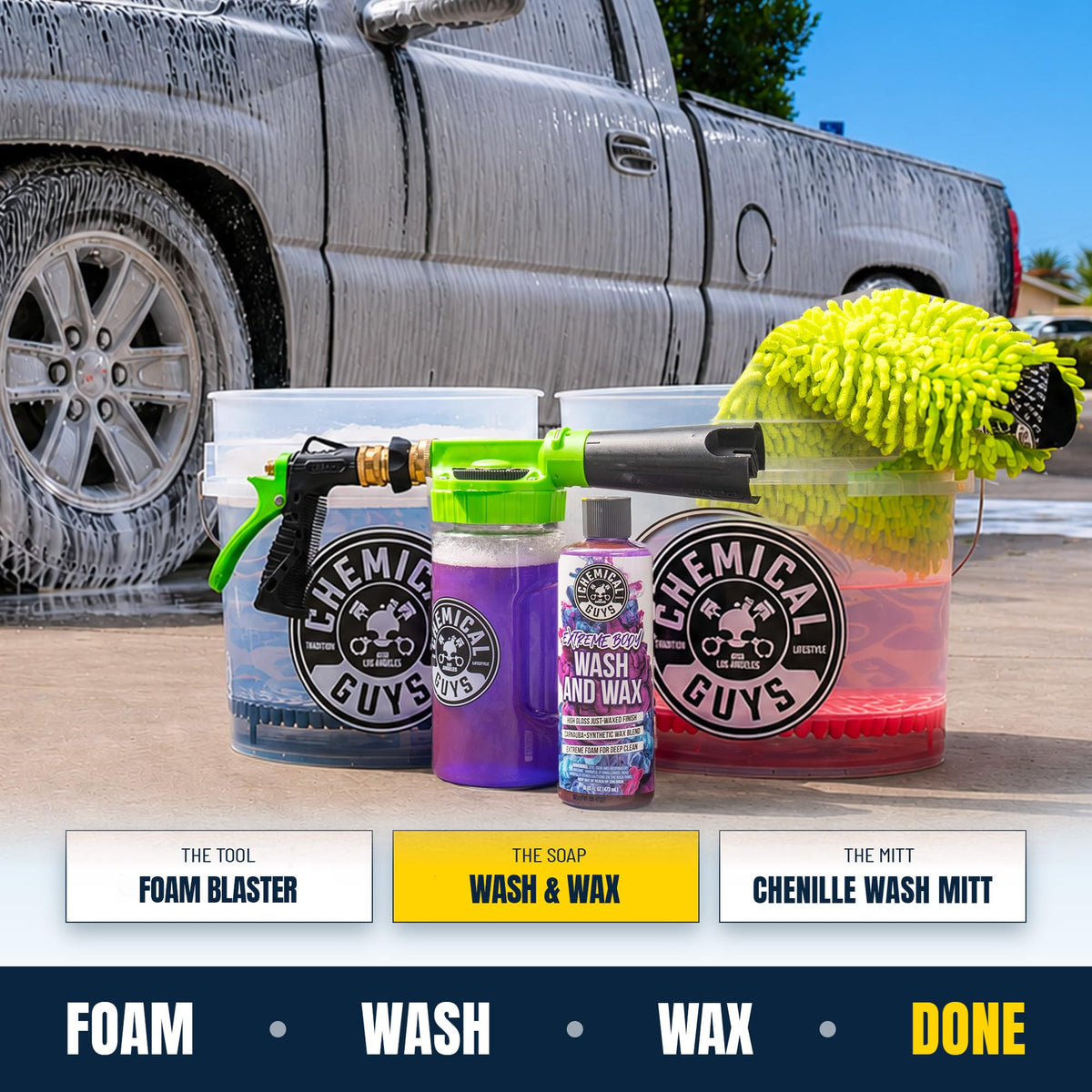 Chemical Guys bottle staged beside a vehicle to illustrate application