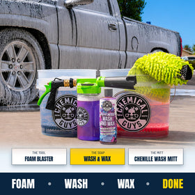 Chemical Guys bottle staged beside a vehicle to illustrate application