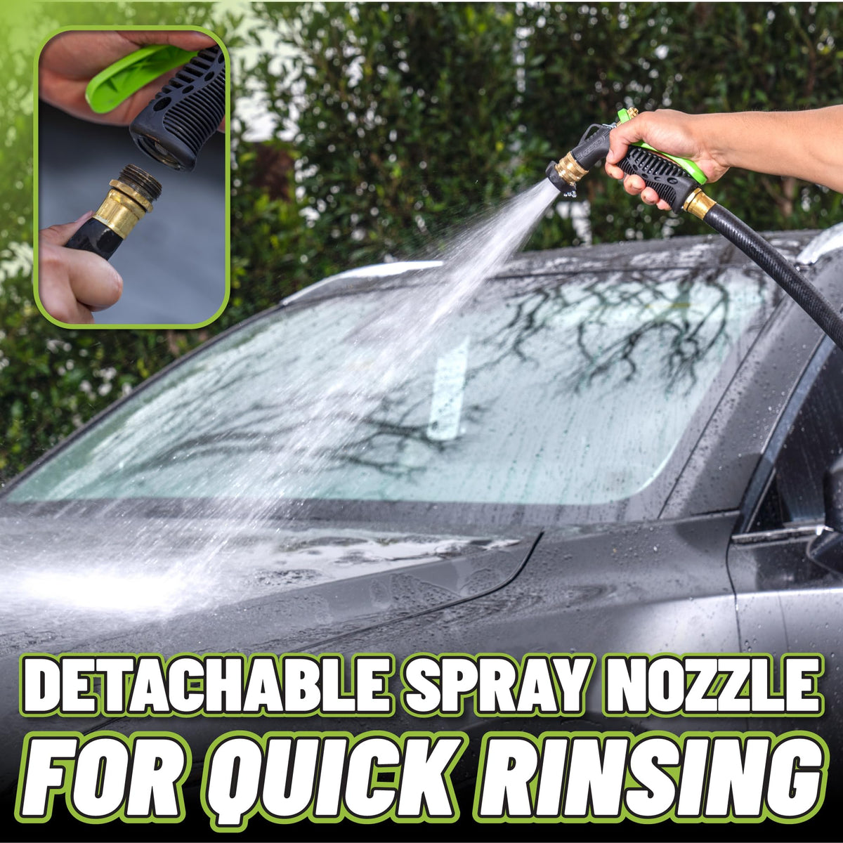 Chemical Guys lifestyle wash scene with family rinsing car showing faster cleaning benefit