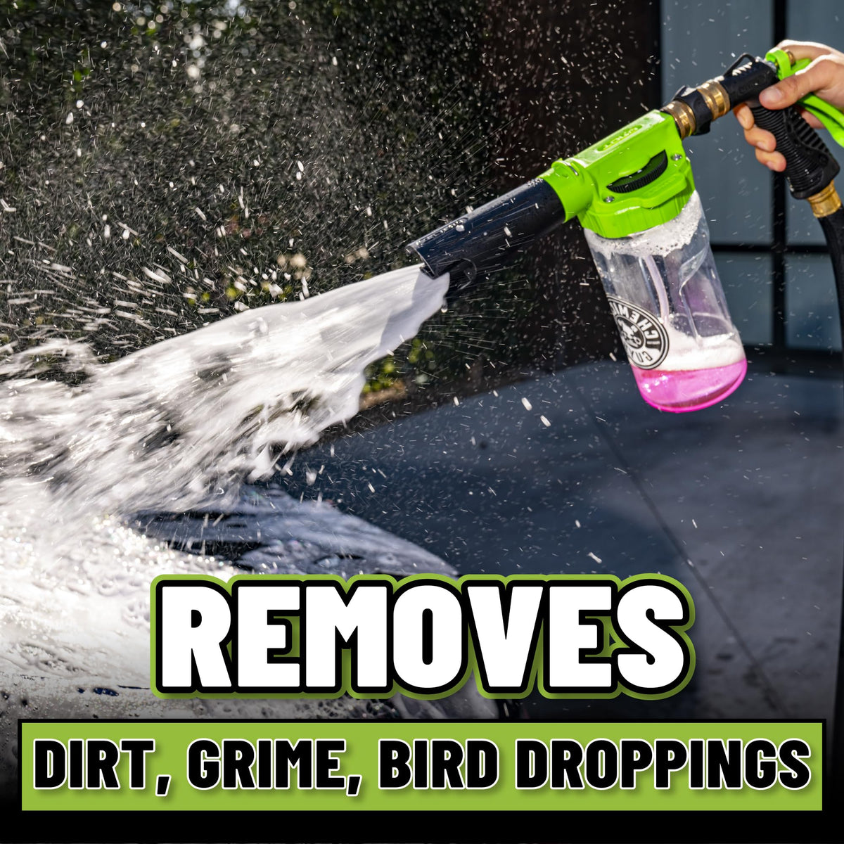 Chemical Guys foam blaster nozzle close-up highlighting adjustable settings for controlled foam output