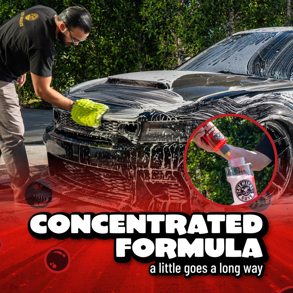 Chemical Guys foam cannon covering car hood with suds to loosen dirt safely