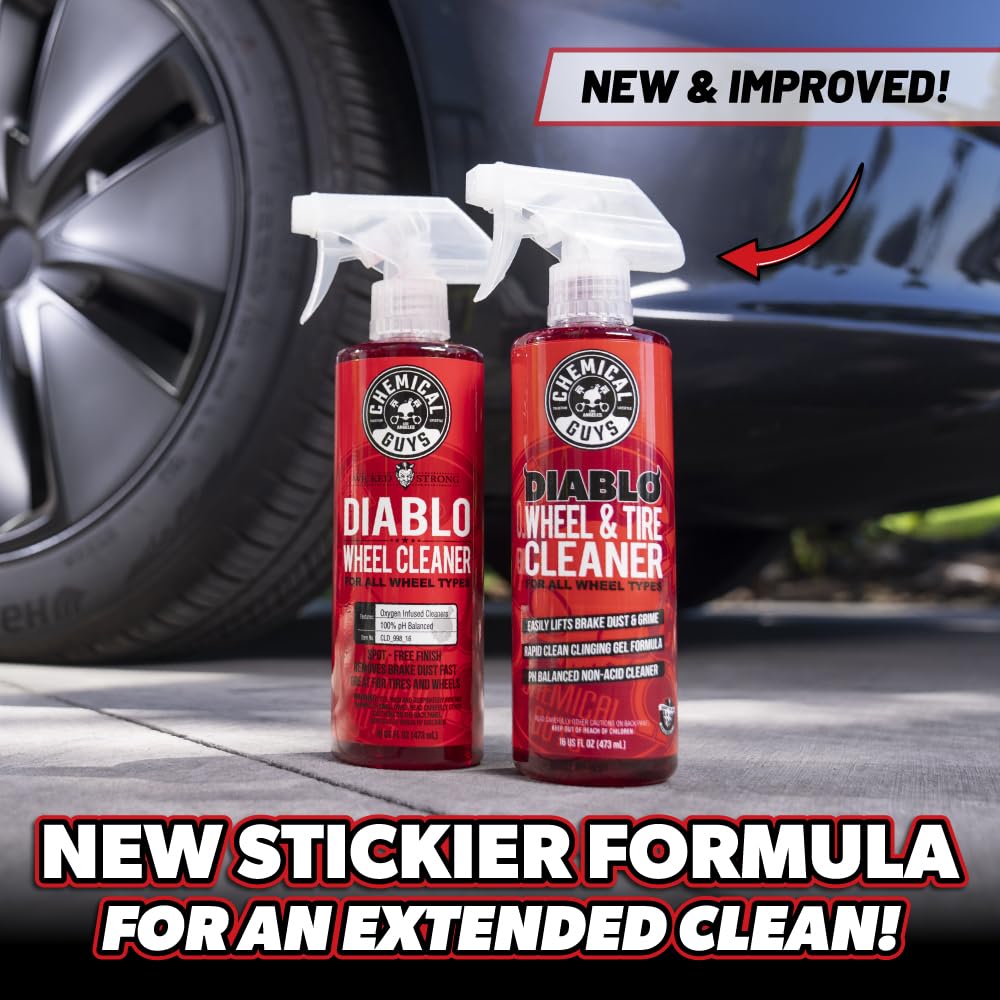 Chemical Guys thick foam clinging to wheel spokes showing gentle lift of brake dust for safer cleaning