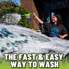 Chemical Guys foamer attached to garden hose demonstrating easy setup and fast pre-soaking