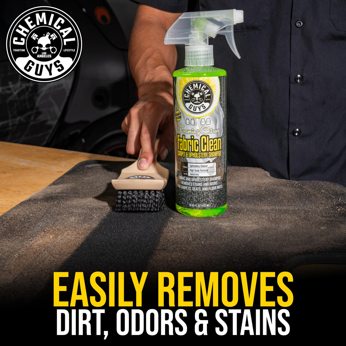 Chemical Guys label close-up highlighting biodegradable ingredients and enzymes