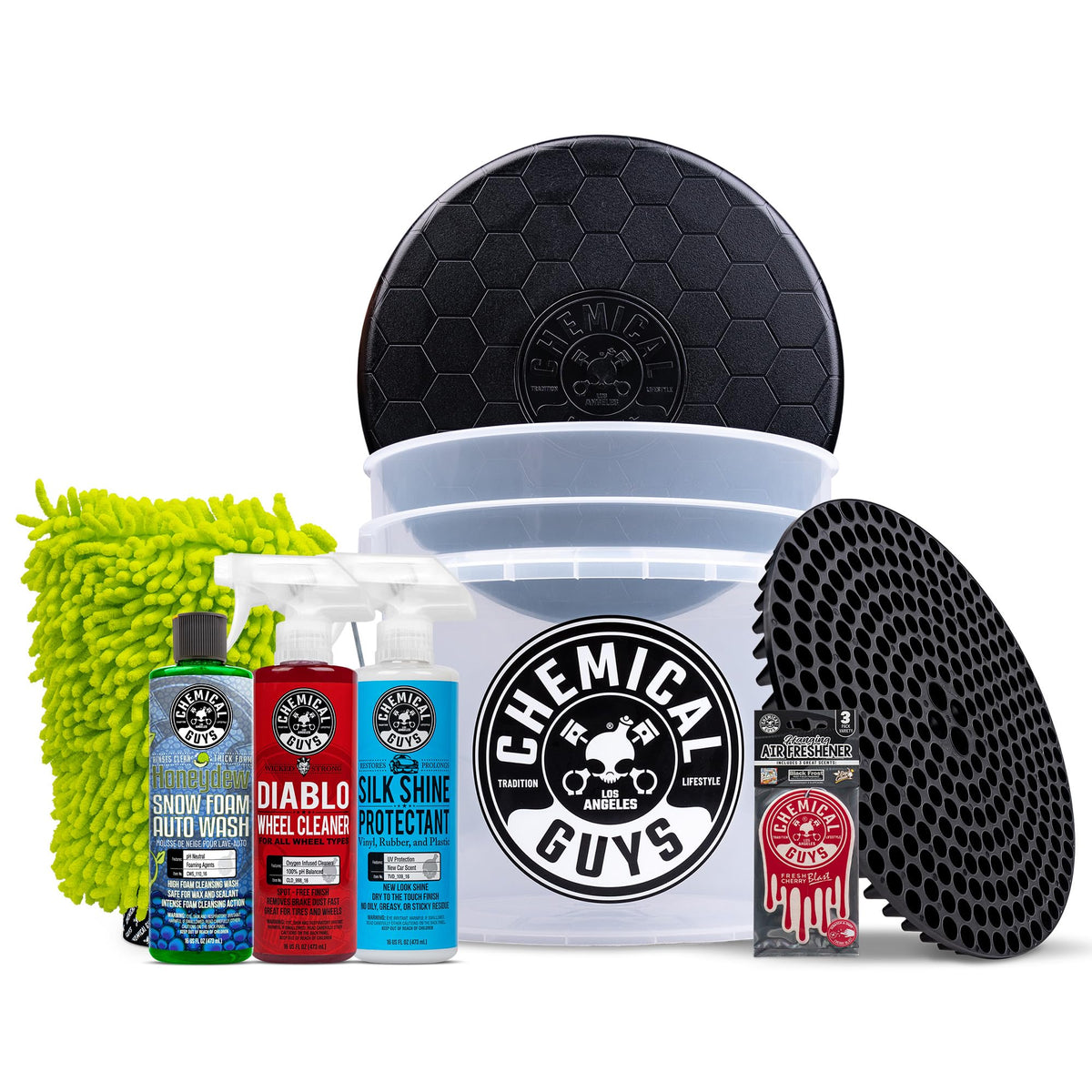 Chemical Guys front view of full kit showing bucket and contents for organized washing