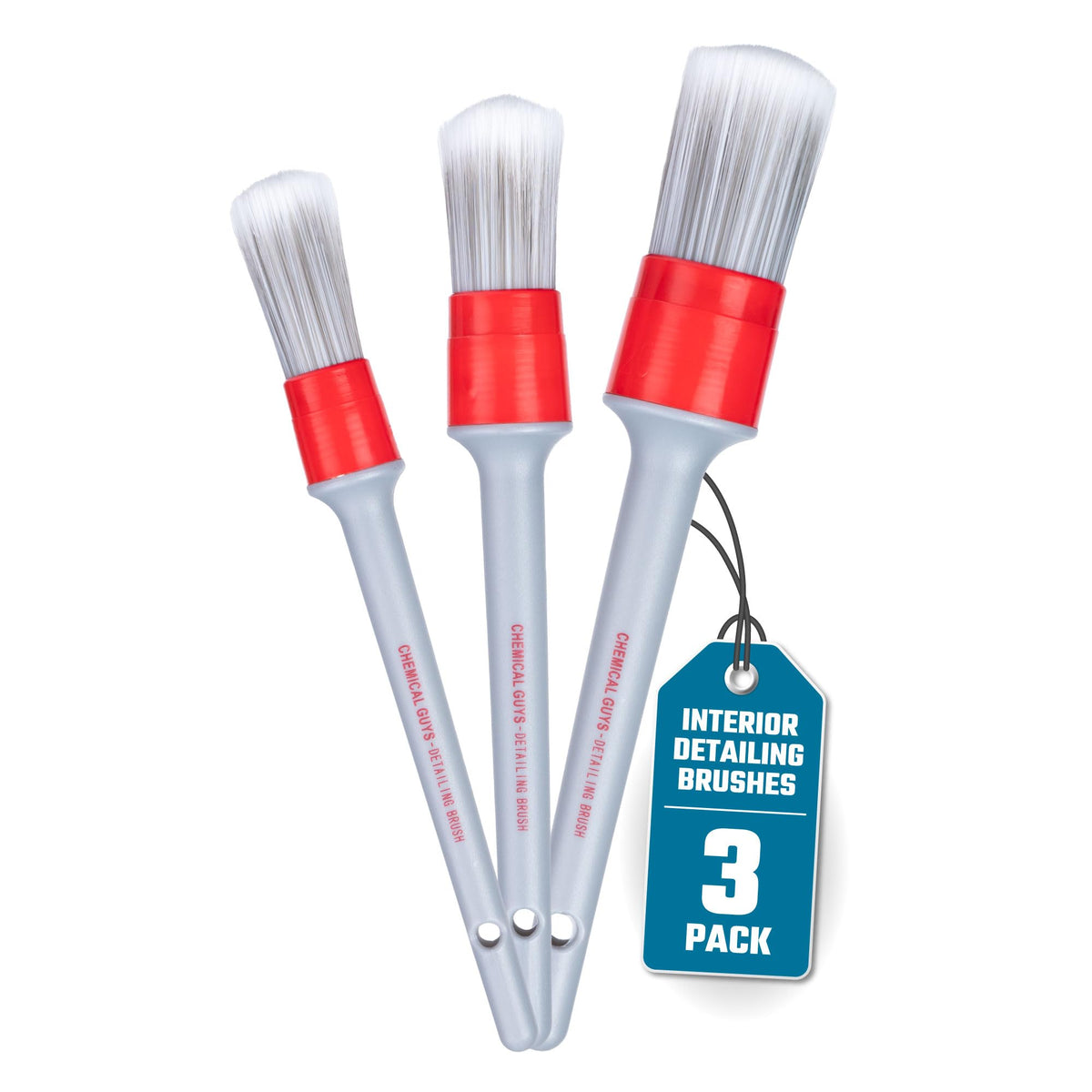 Chemical Guys front view of three-piece brush set showing organized handles and heads