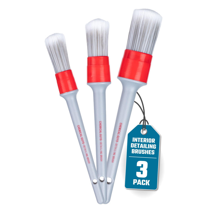 Chemical Guys front view of three-piece brush set showing organized handles and heads