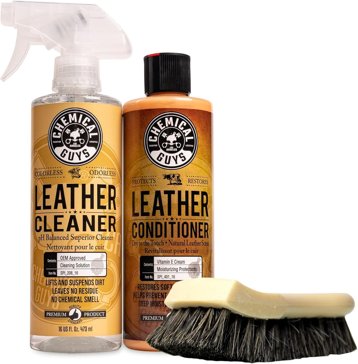 Chemical Guys front packaging of leather care kit showing contents and benefits