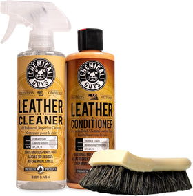 Chemical Guys front packaging of leather care kit showing contents and benefits