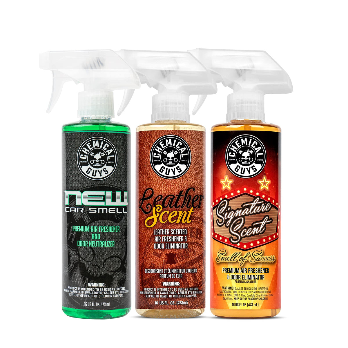 Chemical Guys front packaging showing three 16 fl oz bottles, quick fragrance selection