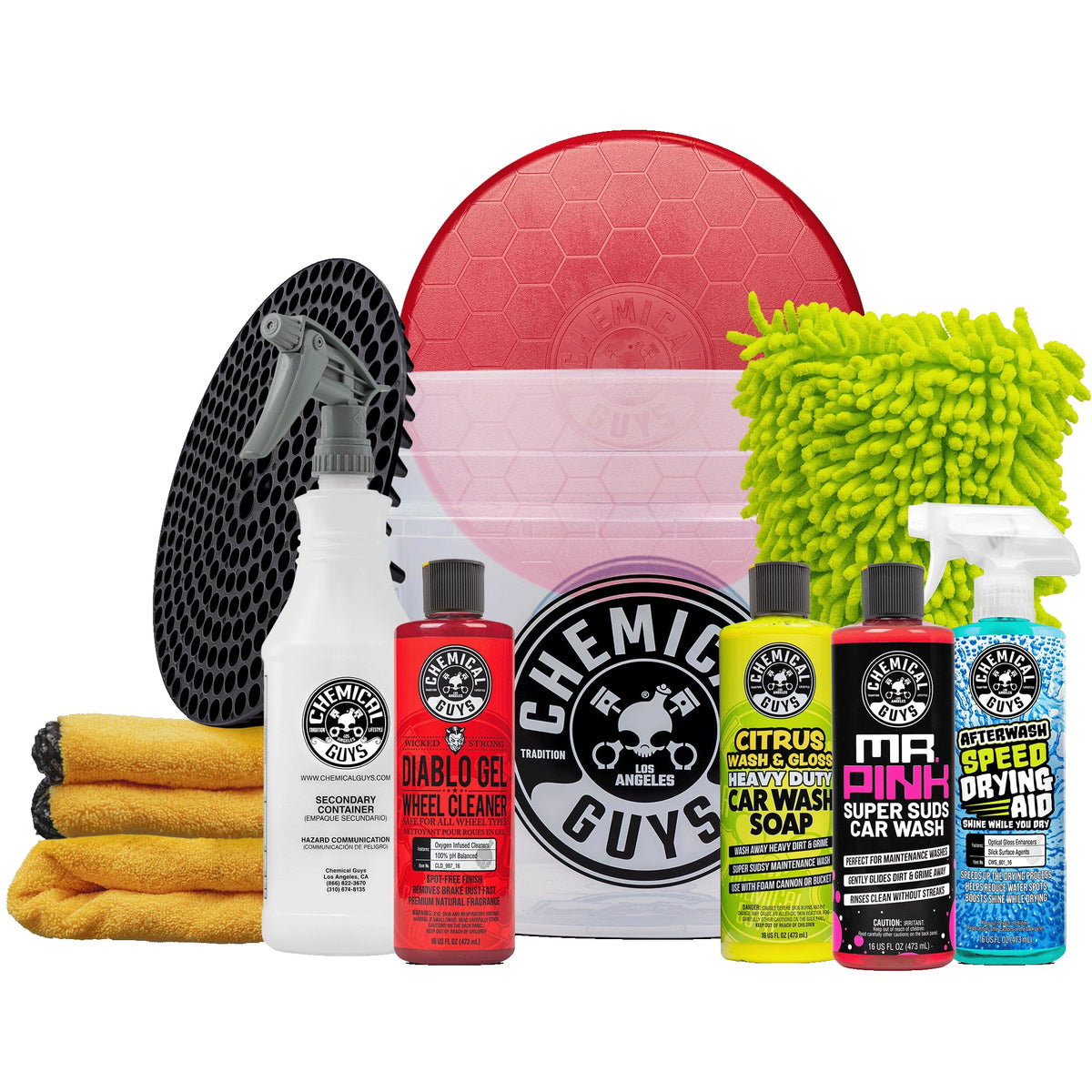 Chemical Guys front packaging showing full 11-piece kit and easy setup benefit