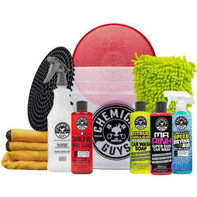Chemical Guys front packaging showing full 11-piece kit and easy setup benefit