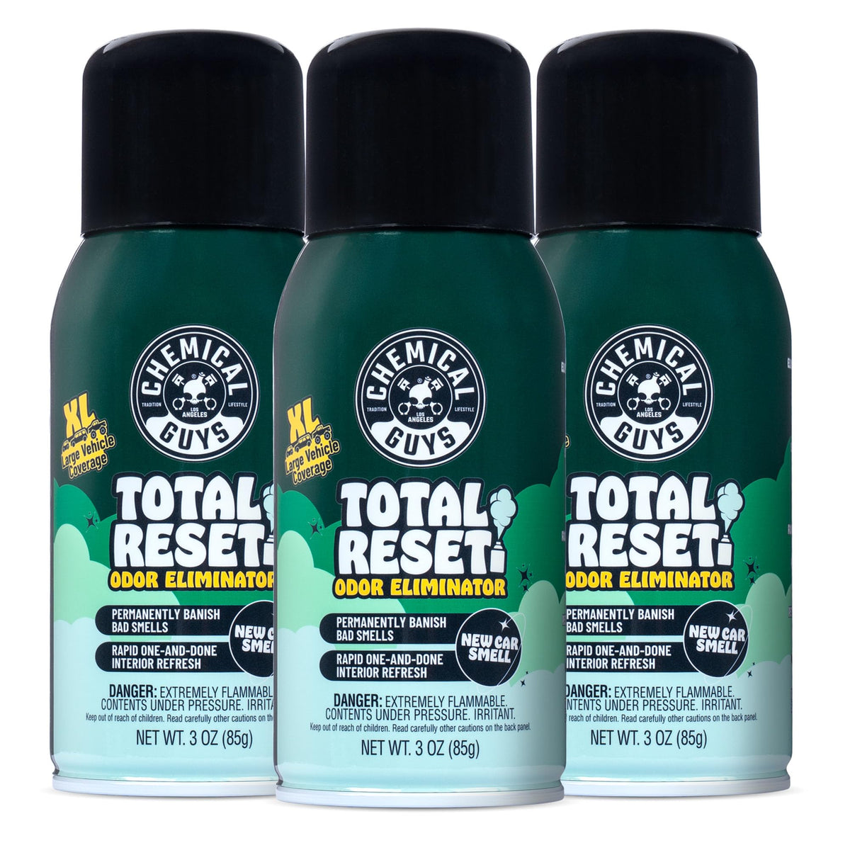Chemical Guys front packaging showing three fogger cans and benefits