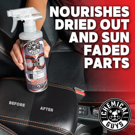 Chemical Guys G6 applied to tire sidewall restoring deep black look