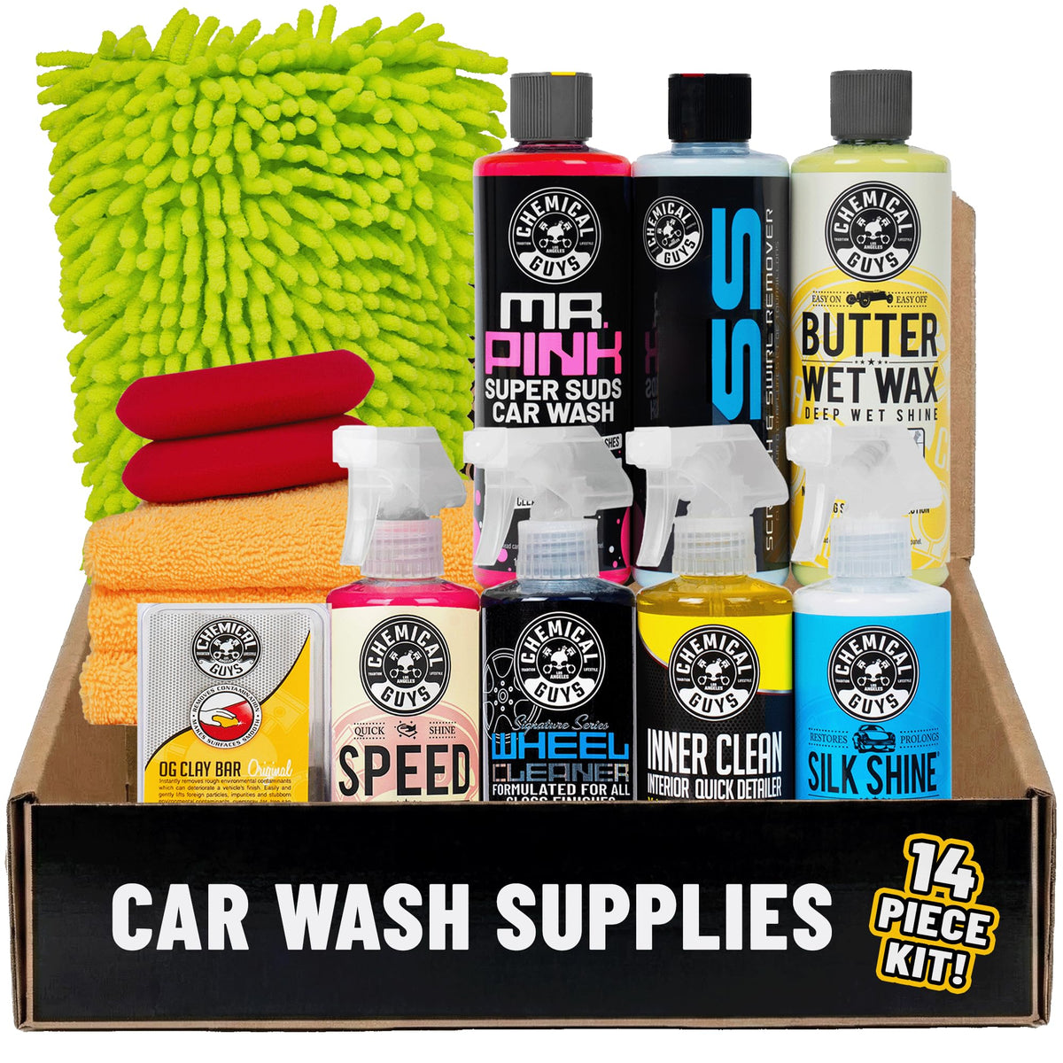 Chemical Guys HOL123 front packaging showing kit contents for complete car care