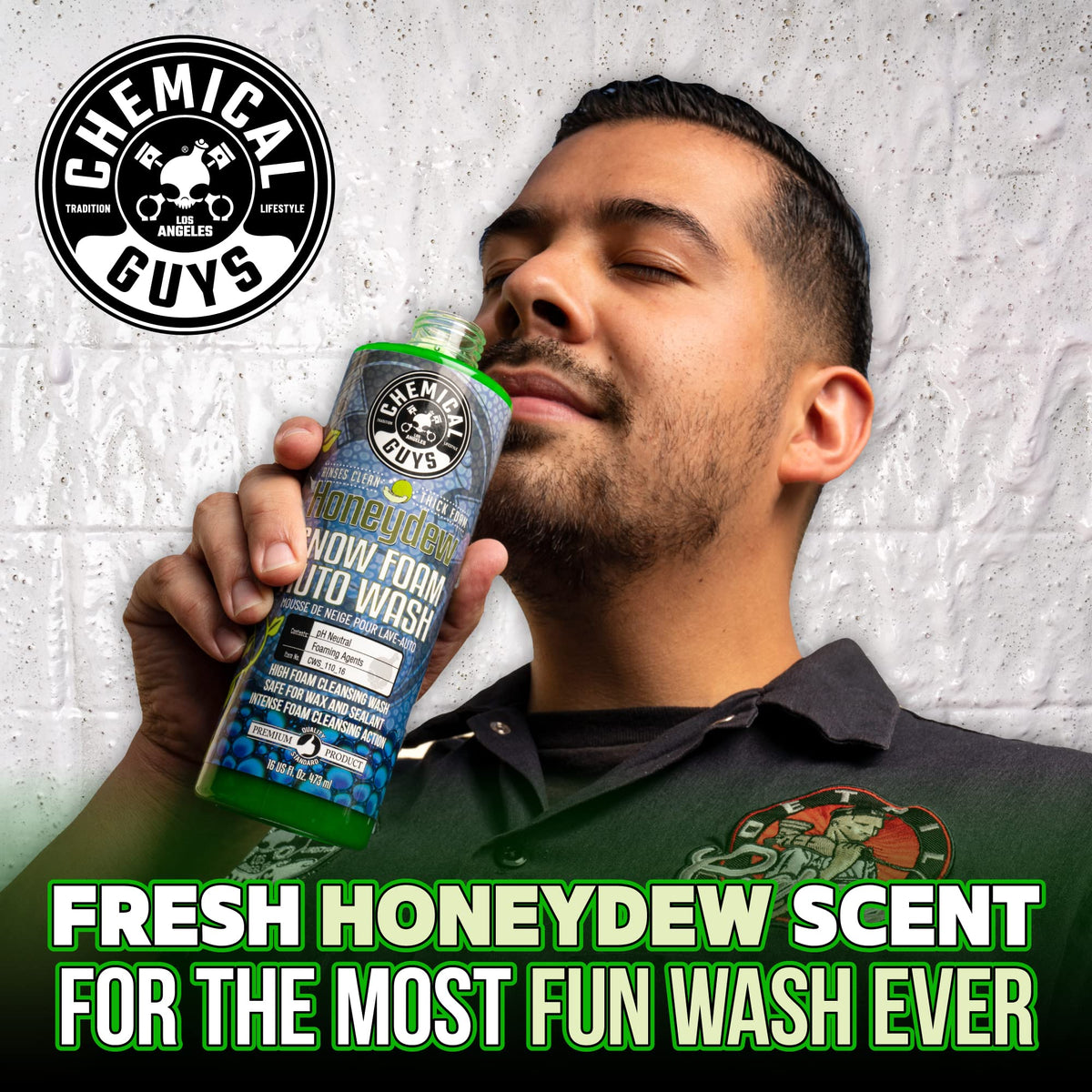 Chemical Guys used in driveway wash with owner enjoying scented foam
