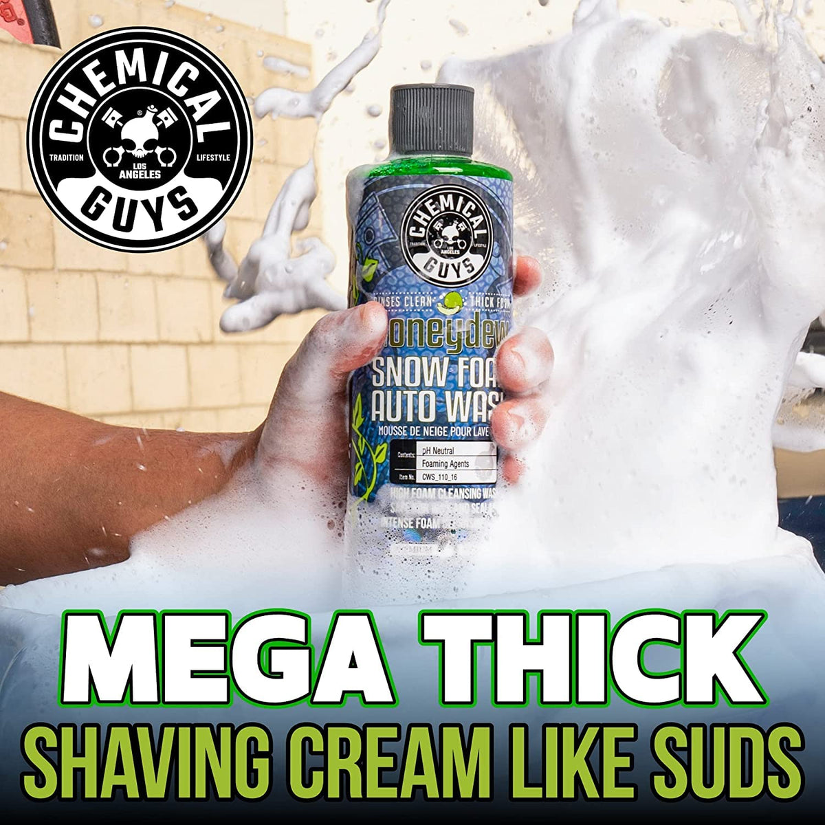 Chemical Guys Honeydew snow foam on car paint showing cling and lift benefit