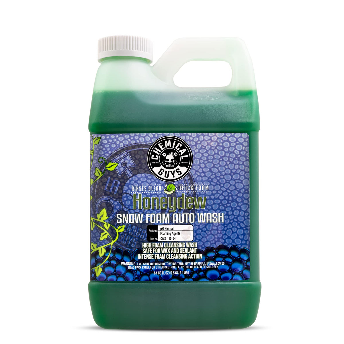 Chemical Guys bottle front label showing product name and size, clear branding benefit