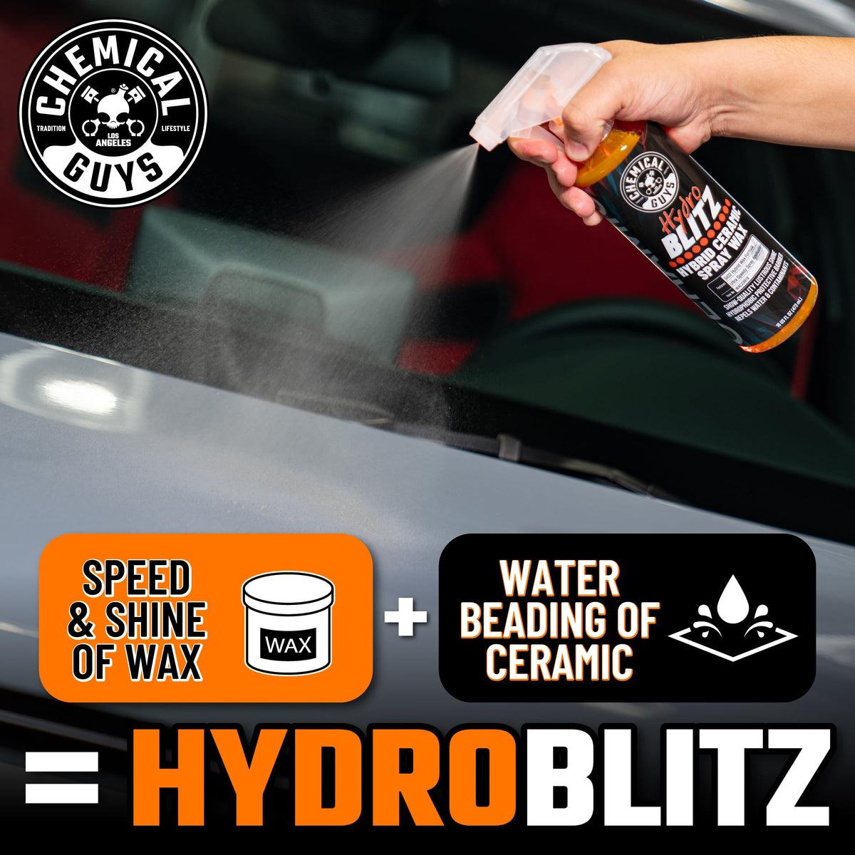 Chemical Guys HydroBlitz 16 oz bottle beside microfiber towel for scale