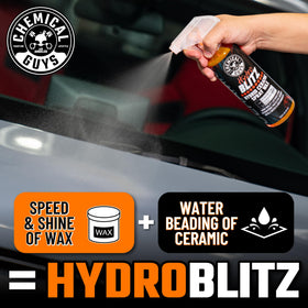 Chemical Guys HydroBlitz 16 oz bottle beside microfiber towel for scale