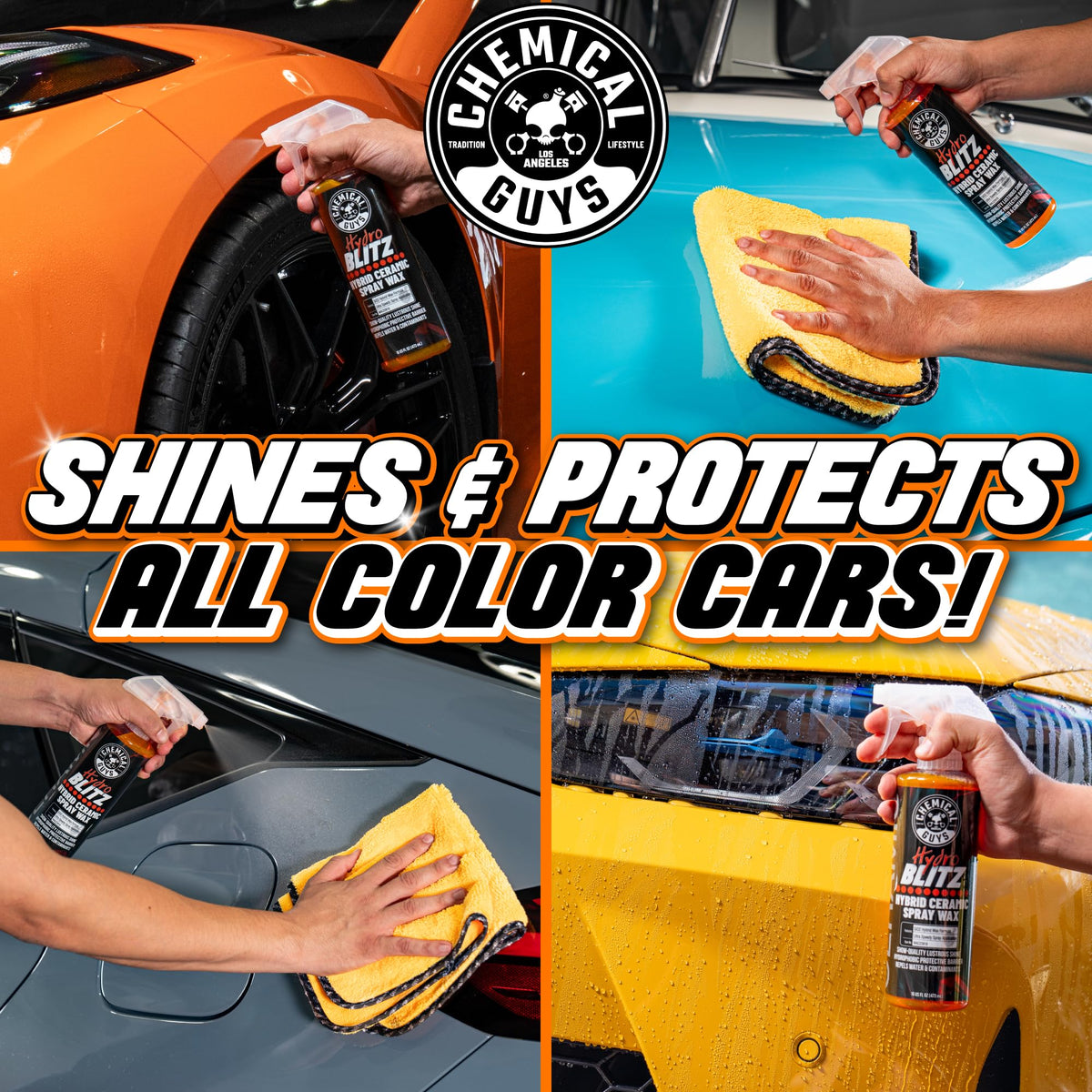 Chemical Guys HydroBlitz being sprayed onto car panel for instant gloss