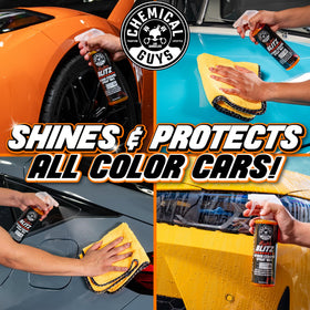 Chemical Guys HydroBlitz being sprayed onto car panel for instant gloss