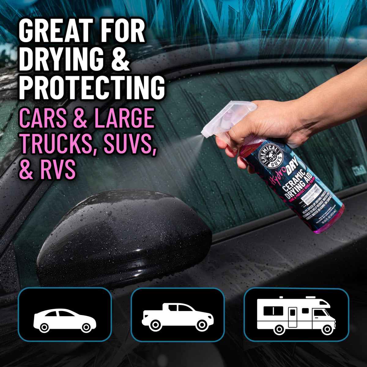 Chemical Guys HydroDry applied to car hood showing enhanced gloss and protection