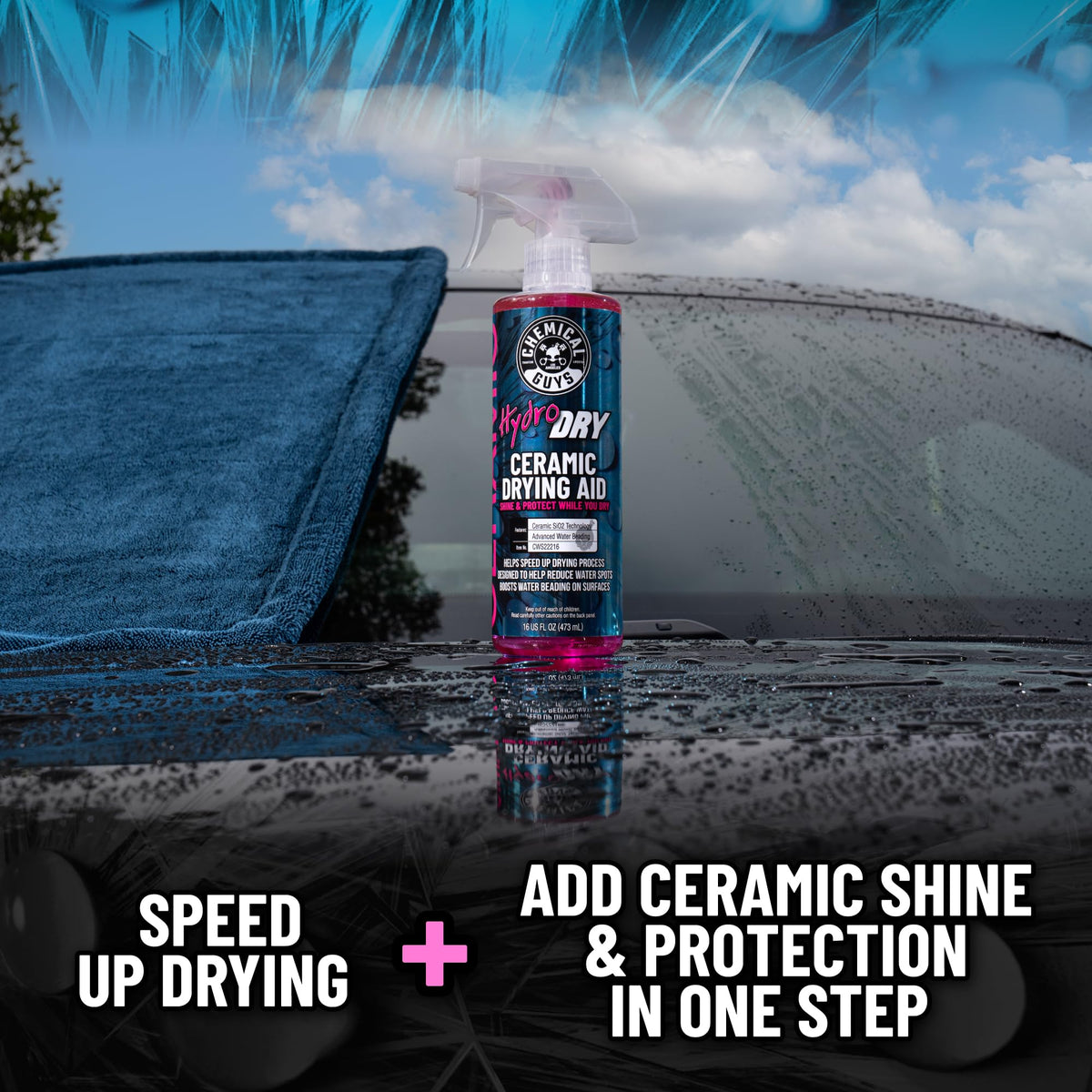 Chemical Guys HydroDry spray nozzle close-up showing easy application benefit