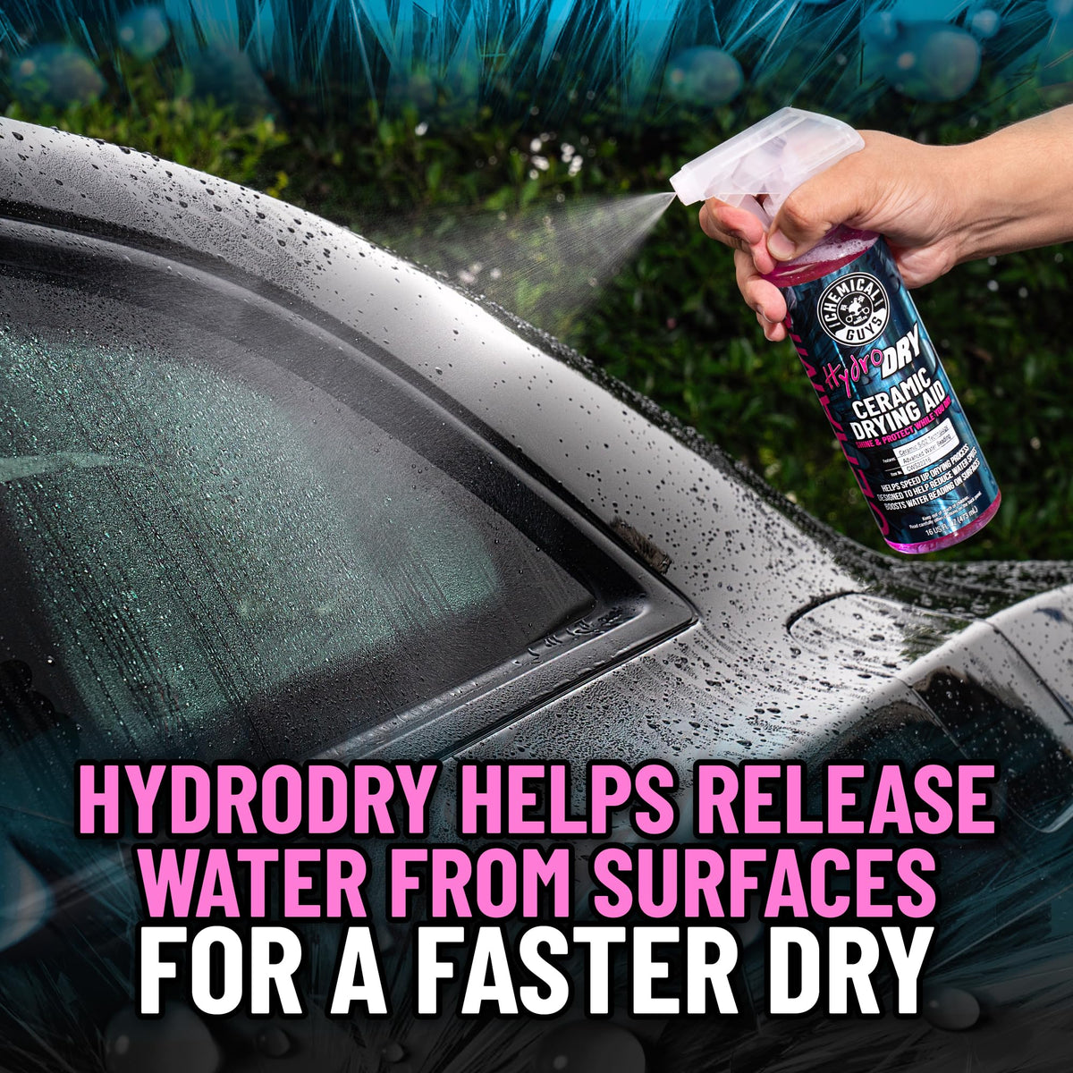 Chemical Guys HydroDry beading on paint demonstrating hydrophobic water repellency