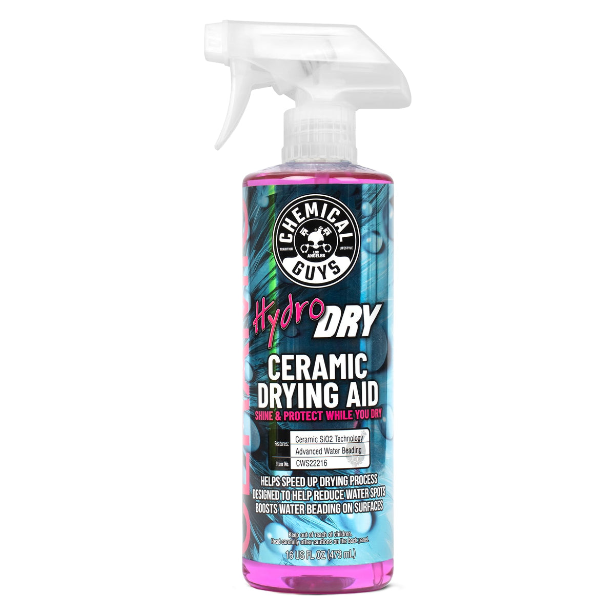 Chemical Guys HydroDry 16 oz bottle showing label and benefit of faster drying