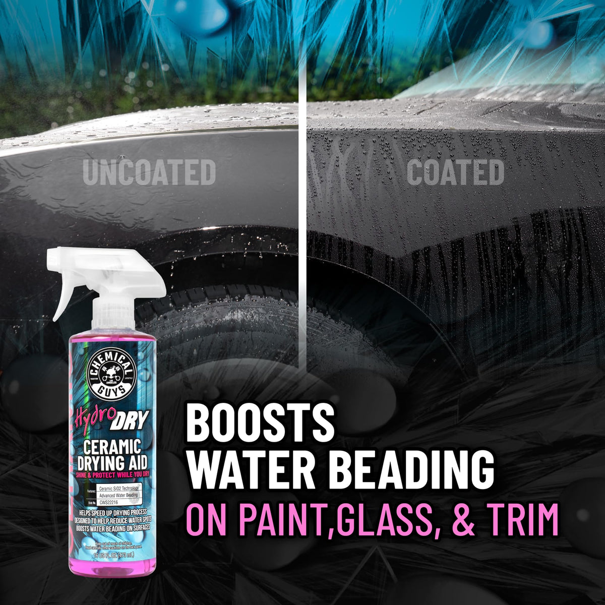 Chemical Guys HydroDry on wheel and chrome showing safe, shiny finish